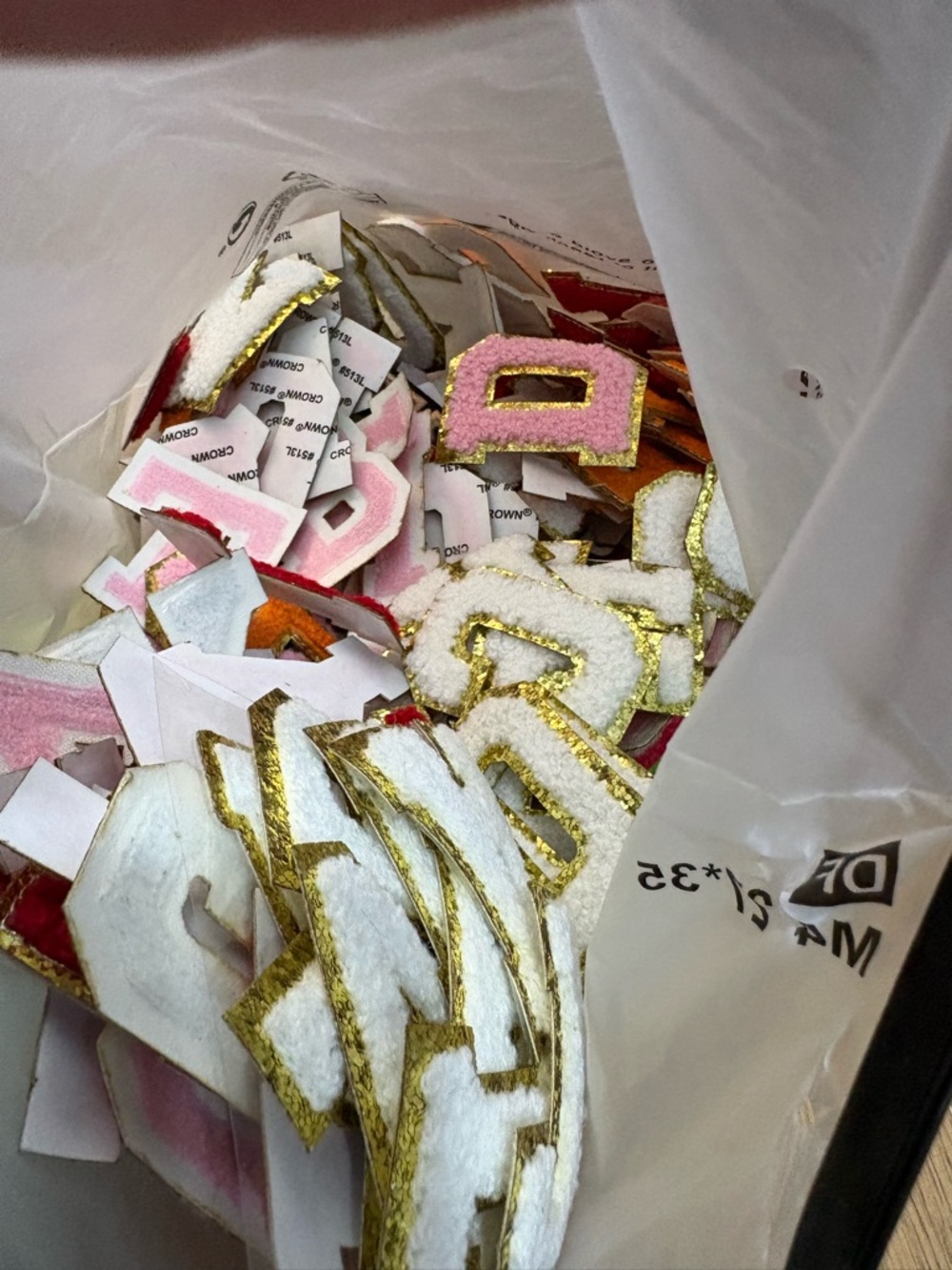 Assorted Letter Patches with Gold Trim - White & Pink